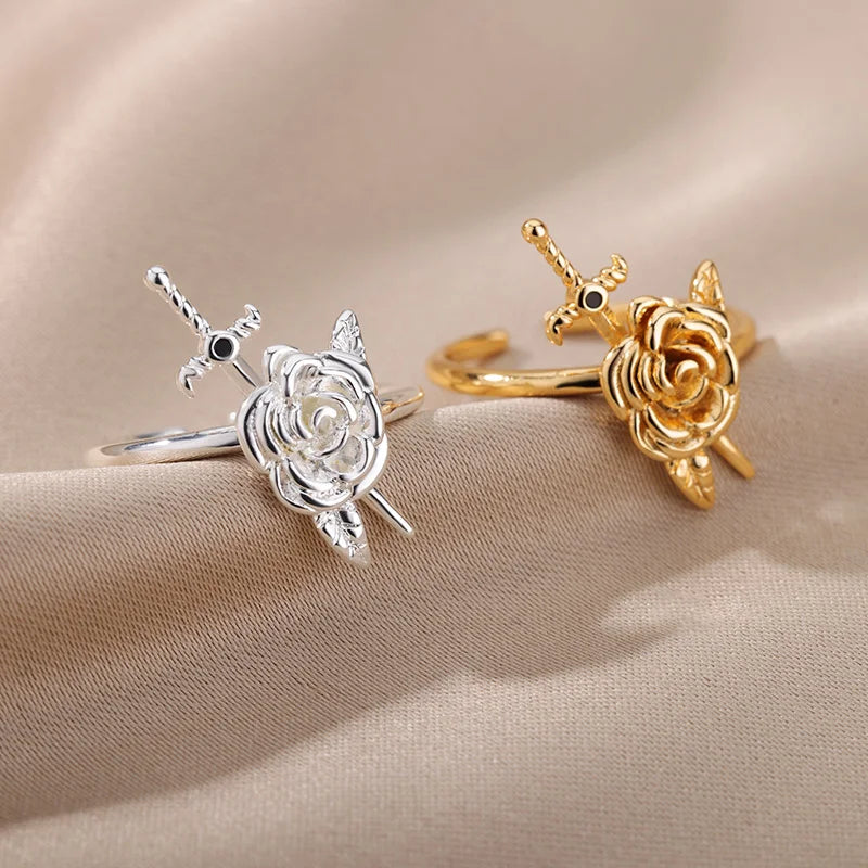 Vintage Rose Flower Sword Pendants Rings For Women Stainless Steel Romantic Flower Finger Couple Ring Wedding Jewelry Gift 2023