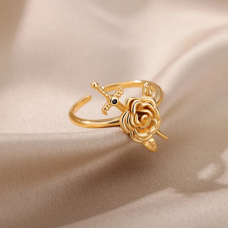 Vintage Rose Flower Sword Pendants Rings For Women Stainless Steel Romantic Flower Finger Couple Ring Wedding Jewelry Gift 2023