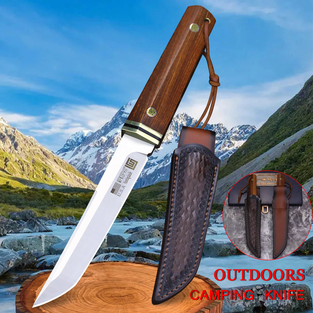 WPKOPYA cuchillo de caza con mango de madera de rama de ácido de acero D2, cuchillo de supervivencia para acampar, manga de cuchillo, cuchillo EDC multiusos, EE. UU., Japón