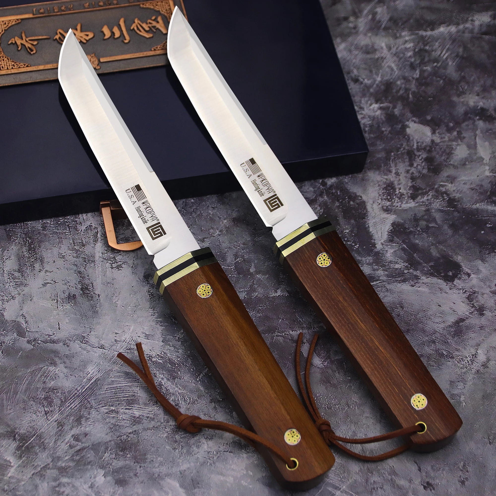 WPKOPYA cuchillo de caza con mango de madera de rama de ácido de acero D2, cuchillo de supervivencia para acampar, manga de cuchillo, cuchillo EDC multiusos, EE. UU., Japón