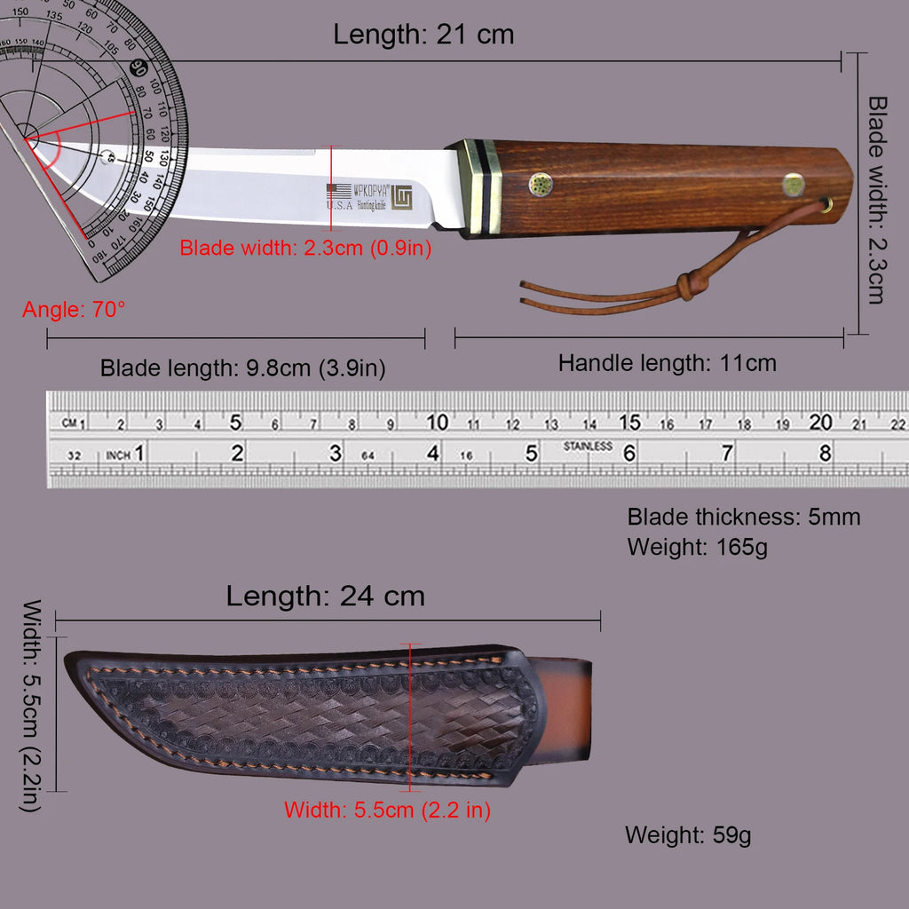 WPKOPYA cuchillo de caza con mango de madera de rama de ácido de acero D2, cuchillo de supervivencia para acampar, manga de cuchillo, cuchillo EDC multiusos, EE. UU., Japón