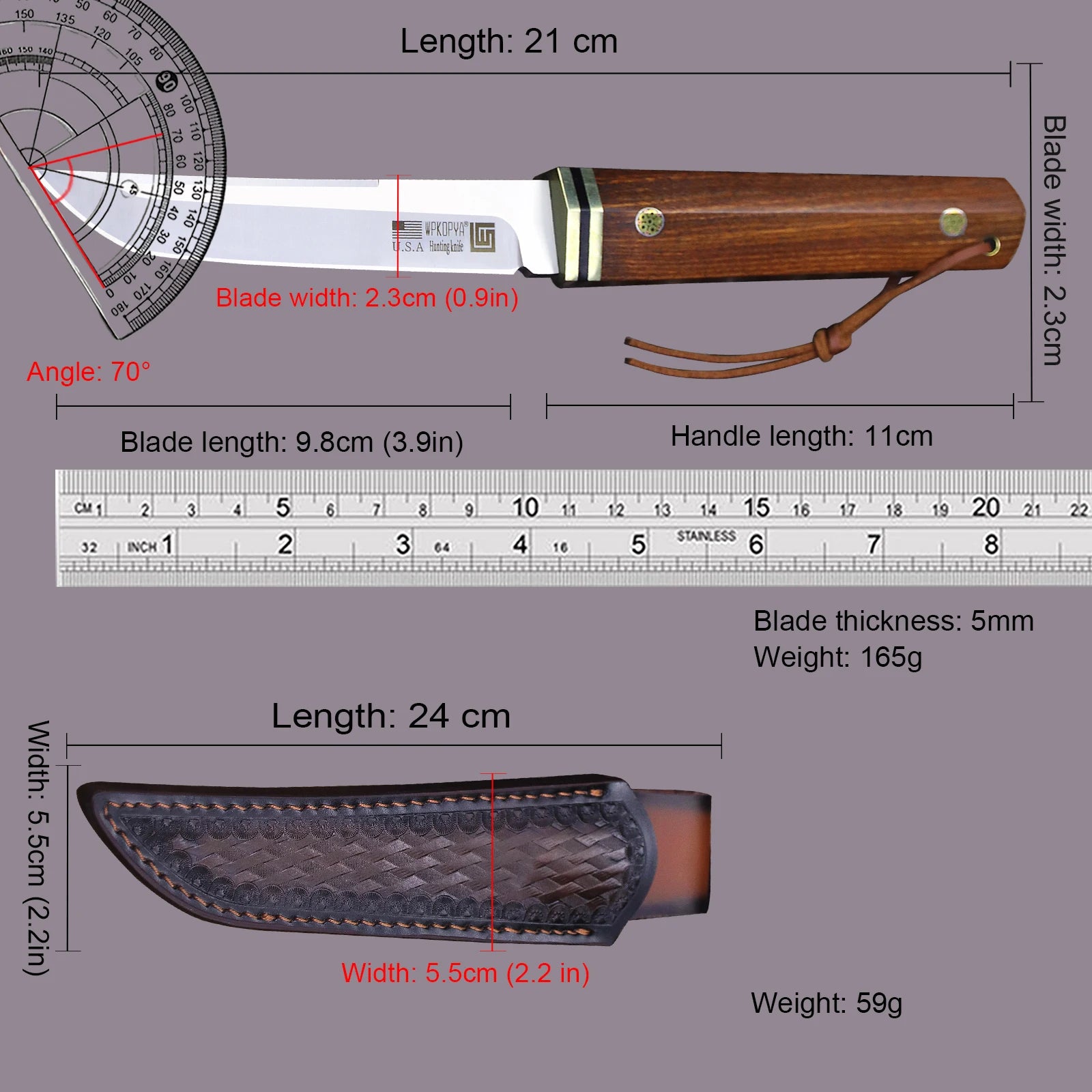 WPKOPYA cuchillo de caza con mango de madera de rama de ácido de acero D2, cuchillo de supervivencia para acampar, manga de cuchillo, cuchillo EDC multiusos, EE. UU., Japón