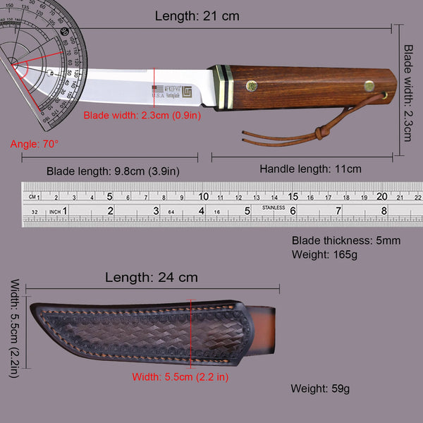 WPKOPYA cuchillo de caza con mango de madera de rama de ácido de acero D2, cuchillo de supervivencia para acampar, manga de cuchillo, cuchillo EDC multiusos, EE. UU., Japón