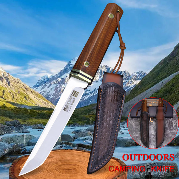 WPKOPYA cuchillo de caza con mango de madera de rama de ácido de acero D2, cuchillo de supervivencia para acampar, manga de cuchillo, cuchillo EDC multiusos, EE. UU., Japón