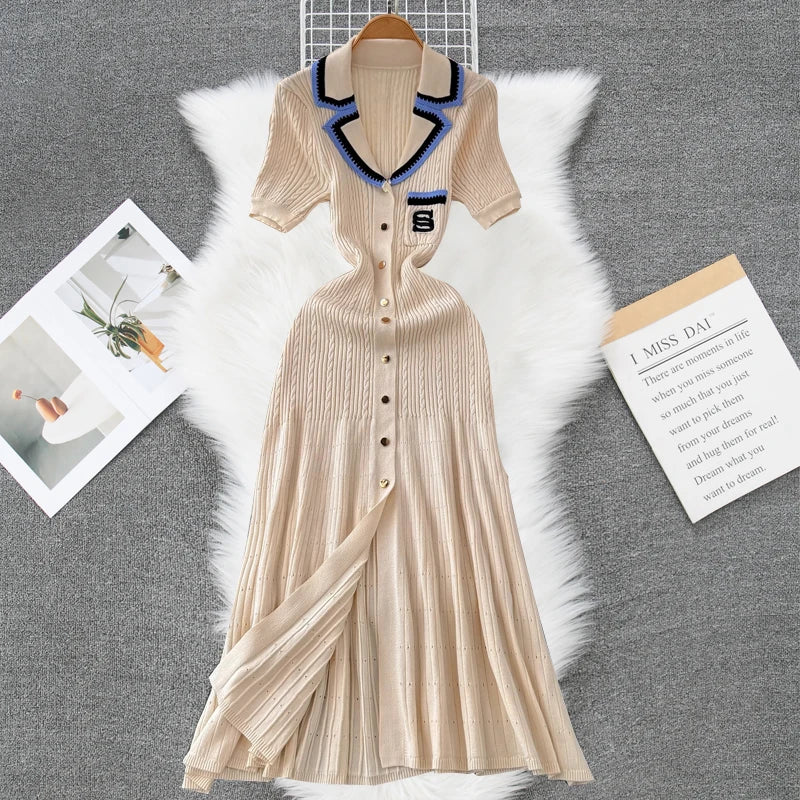 YuooMuoo 2024 New Arrival Women Knitted Maxi Dress Elegant Notched Single-breasted A-line Sweater Dress Female Long Vestidos