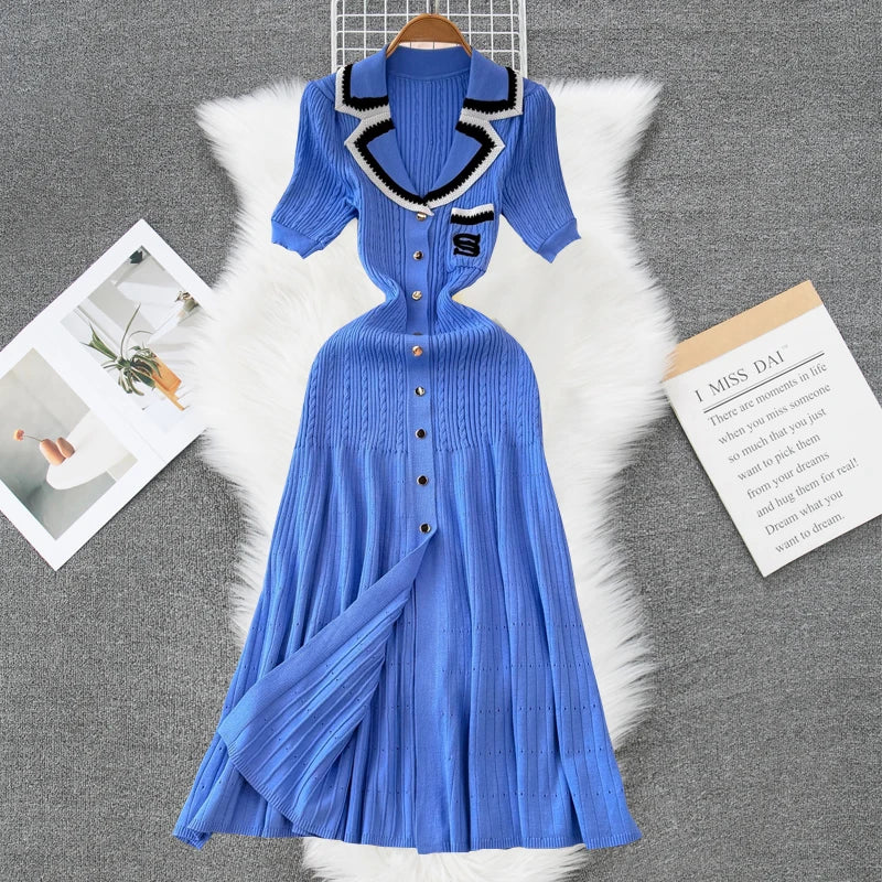 YuooMuoo 2024 New Arrival Women Knitted Maxi Dress Elegant Notched Single-breasted A-line Sweater Dress Female Long Vestidos