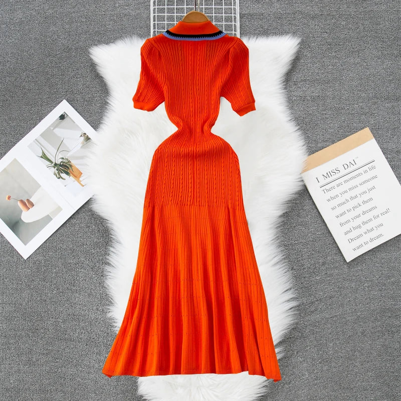 YuooMuoo 2024 New Arrival Women Knitted Maxi Dress Elegant Notched Single-breasted A-line Sweater Dress Female Long Vestidos