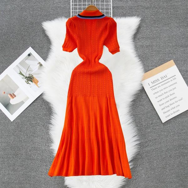 YuooMuoo 2024 New Arrival Women Knitted Maxi Dress Elegant Notched Single-breasted A-line Sweater Dress Female Long Vestidos