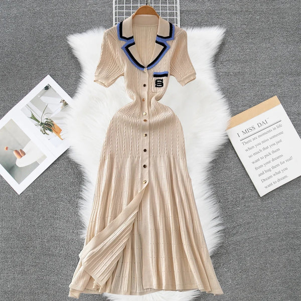 YuooMuoo 2024 New Arrival Women Knitted Maxi Dress Elegant Notched Single-breasted A-line Sweater Dress Female Long Vestidos