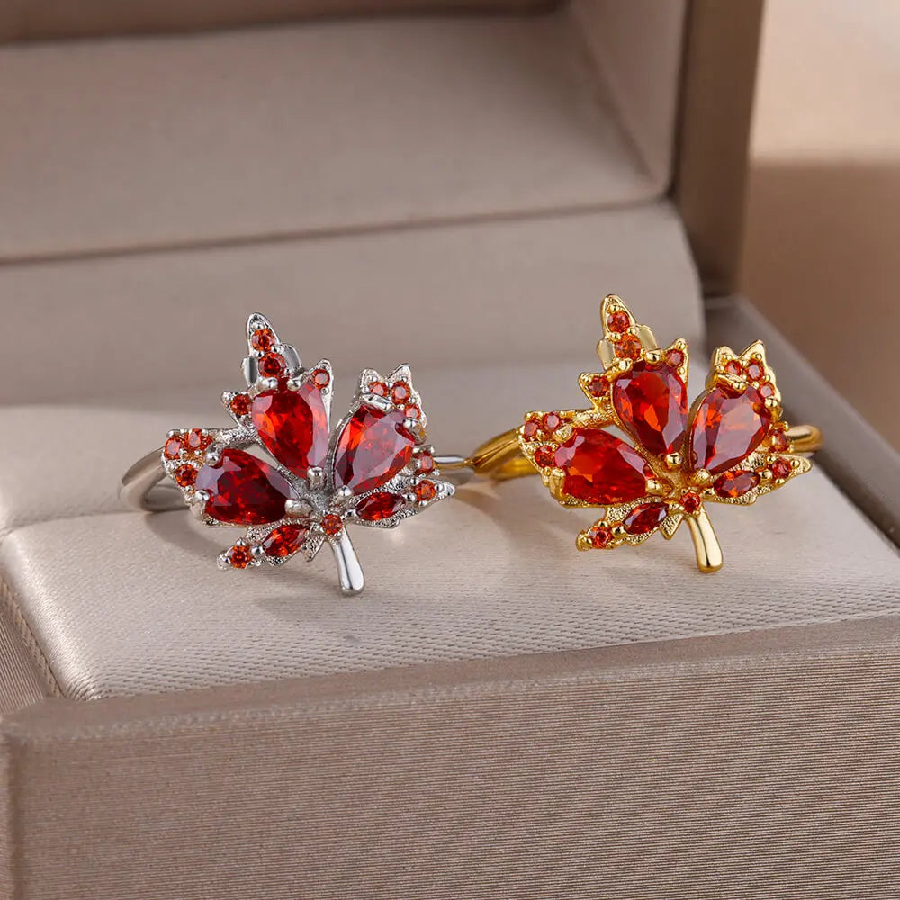 Zircon Maple Leaf Rings For Women Stainless Steel Gold Color Opening Plant Ring Fashion Korean Wedding Party Jewerly Gift 2024