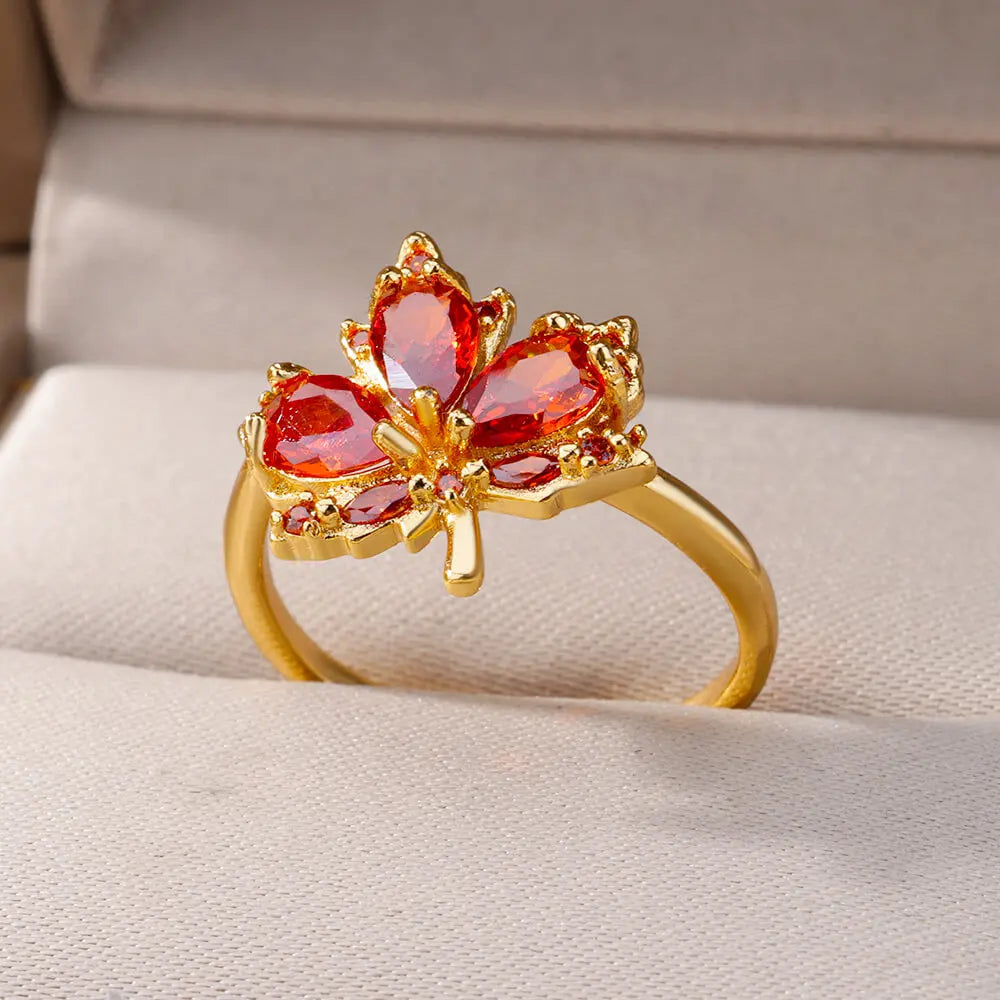 Zircon Maple Leaf Rings For Women Stainless Steel Gold Color Opening Plant Ring Fashion Korean Wedding Party Jewerly Gift 2024