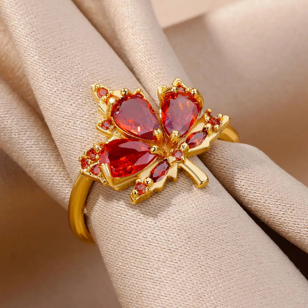 Zircon Maple Leaf Rings For Women Stainless Steel Gold Color Opening Plant Ring Fashion Korean Wedding Party Jewerly Gift 2024