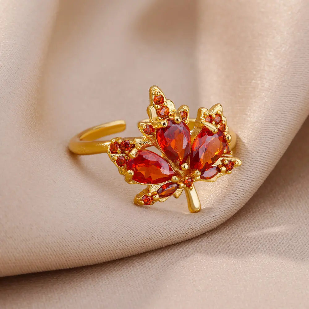 Zircon Maple Leaf Rings For Women Stainless Steel Gold Color Opening Plant Ring Fashion Korean Wedding Party Jewerly Gift 2024