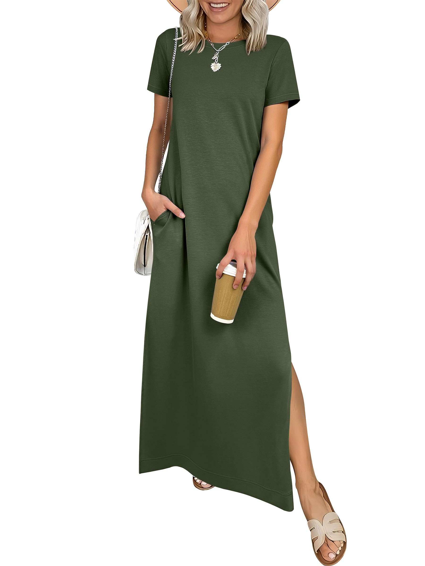 ANRABESS Womens Summer Casual Maxi Dress Short Sleeve Crewneck Split Wrinkle-Free Travel Long Sundress Beach Vacation Clothes
