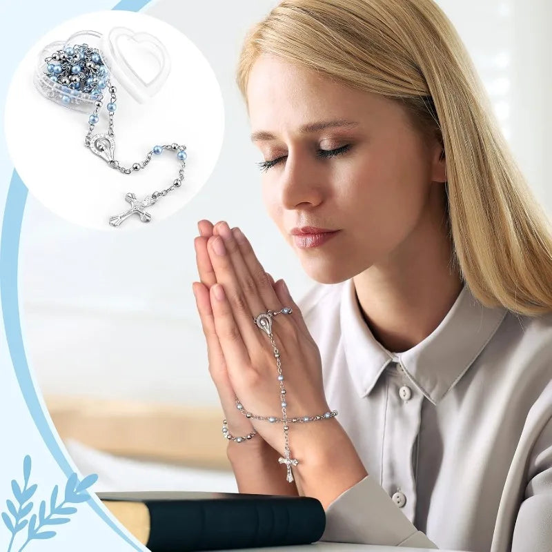 10pcs Catholic Rosary Necklace 4mm Glass Beads Favors Crucifix Prayer Faux Pearl with Heart Box for First Communion Baptism