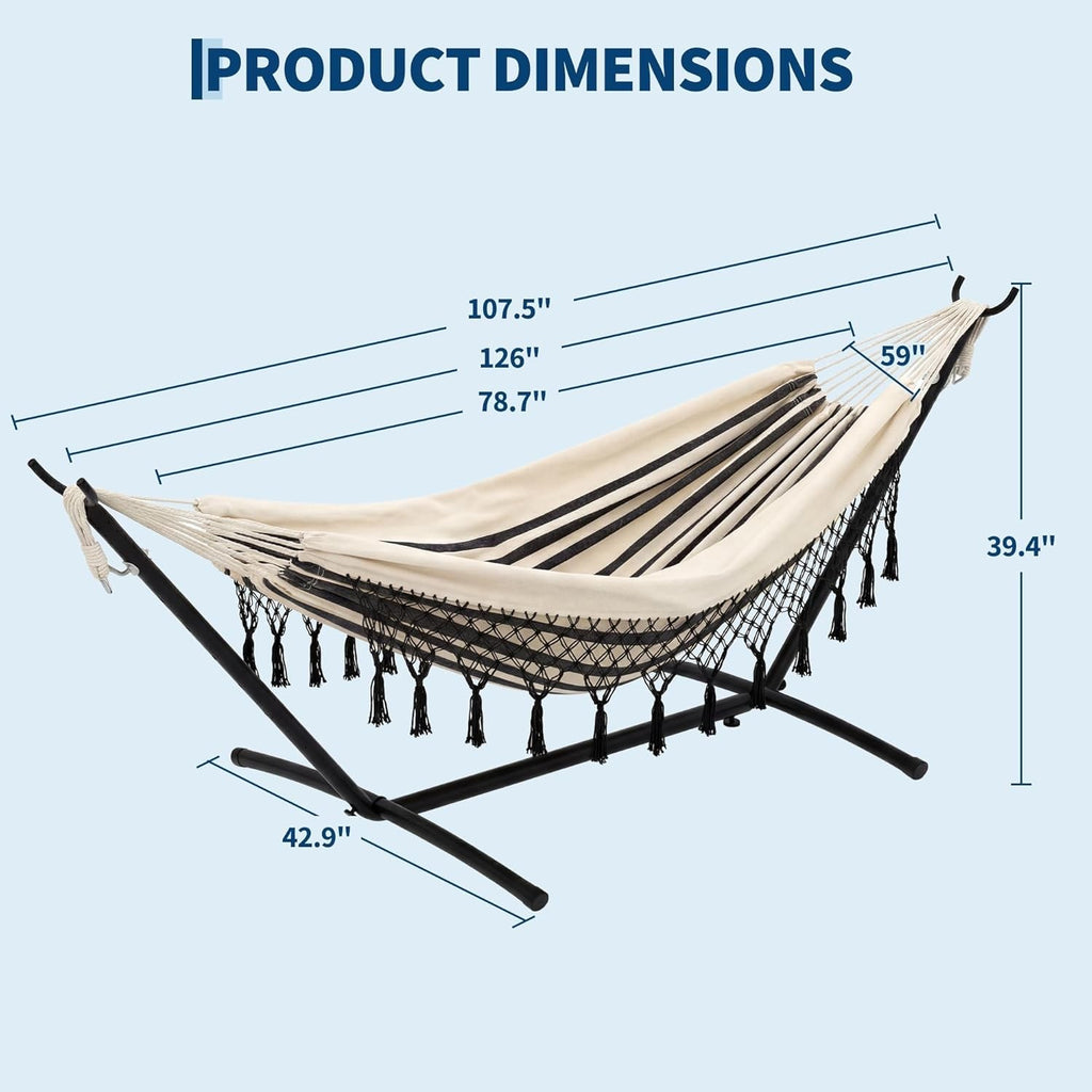 Outdoor Double Hammock with Stand 200x150cm Bohemian Hammock Hanging Chair