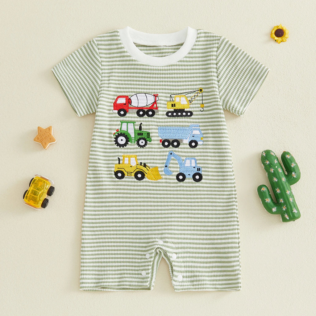 Citgeett Summer Infant Baby Boy Romper Casual Embroidered Striped Crew Neck Short Sleeve Jumpsuit Clothes