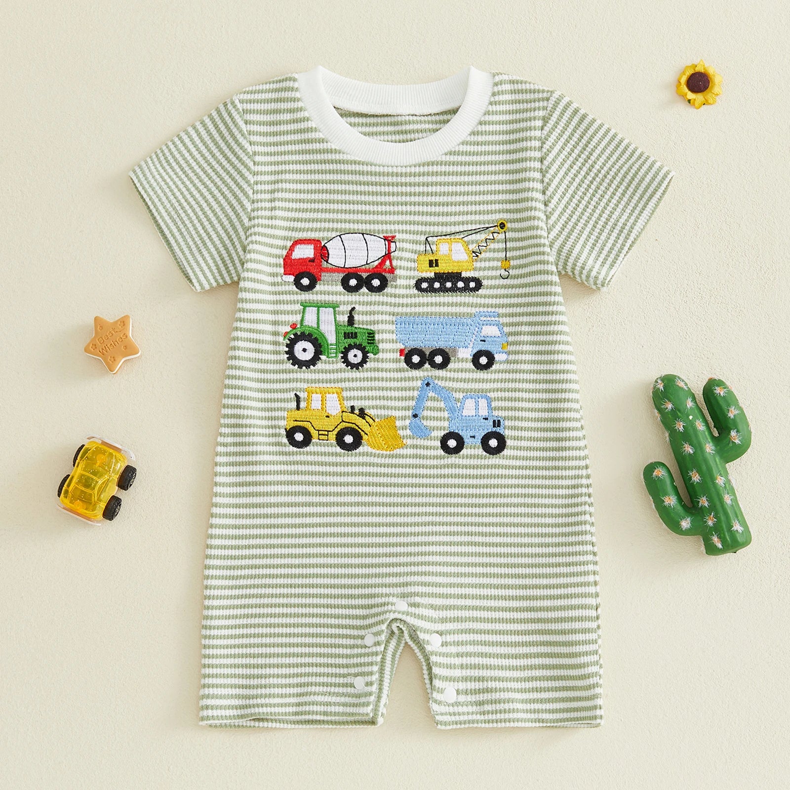 Citgeett Summer Infant Baby Boy Romper Casual Embroidered Striped Crew Neck Short Sleeve Jumpsuit Clothes