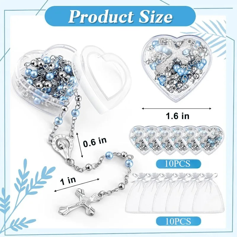 10pcs Catholic Rosary Necklace 4mm Glass Beads Favors Crucifix Prayer Faux Pearl with Heart Box for First Communion Baptism