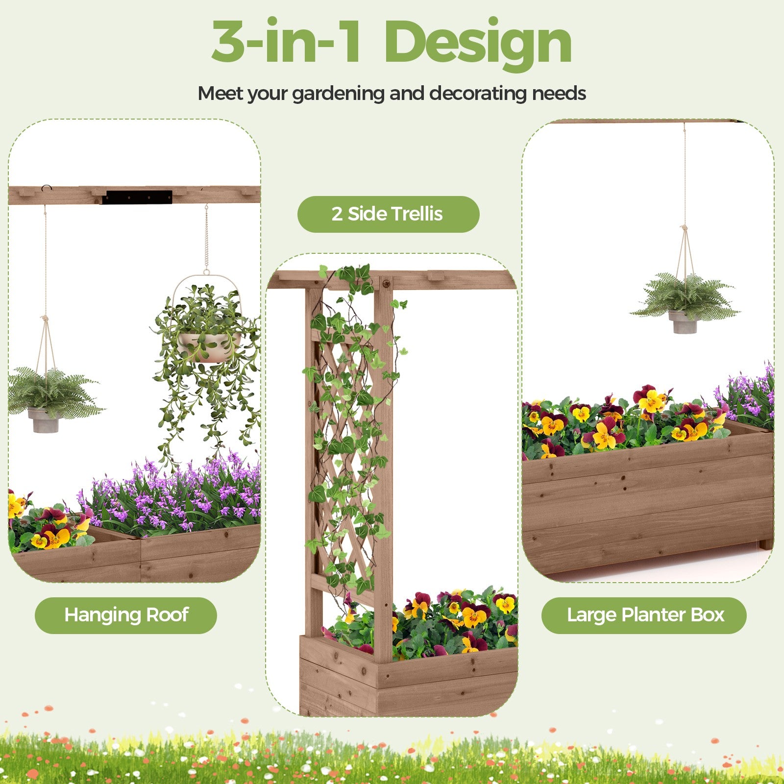 Fir Wood Planter Box with Drainage Holes & Bottom Gaps