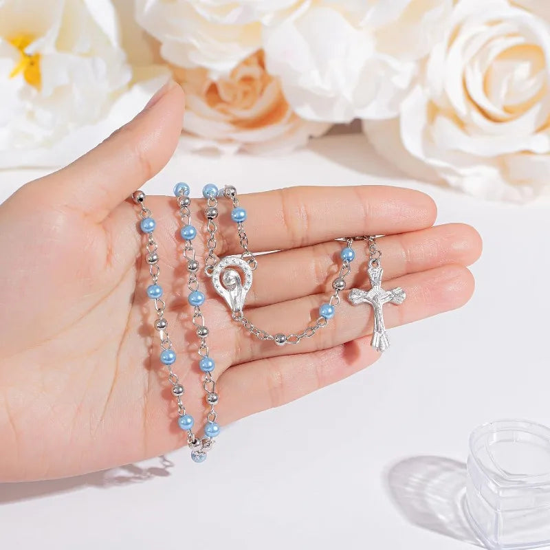 10pcs Catholic Rosary Necklace 4mm Glass Beads Favors Crucifix Prayer Faux Pearl with Heart Box for First Communion Baptism