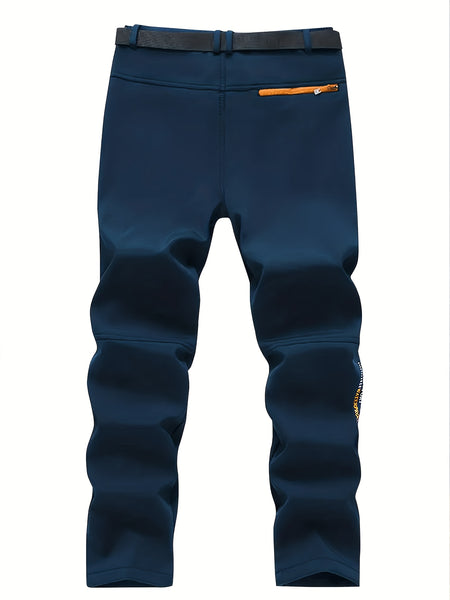 Men's Warm Cargo Pants with Zippered Pockets - Olive Green, Black, and Yellow Accents, Ideal for Winter Outdoor Activities and Casual Wear with Belt