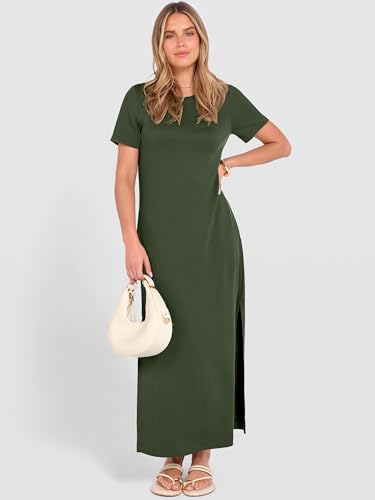 ANRABESS Womens Summer Casual Maxi Dress Short Sleeve Crewneck Split Wrinkle-Free Travel Long Sundress Beach Vacation Clothes