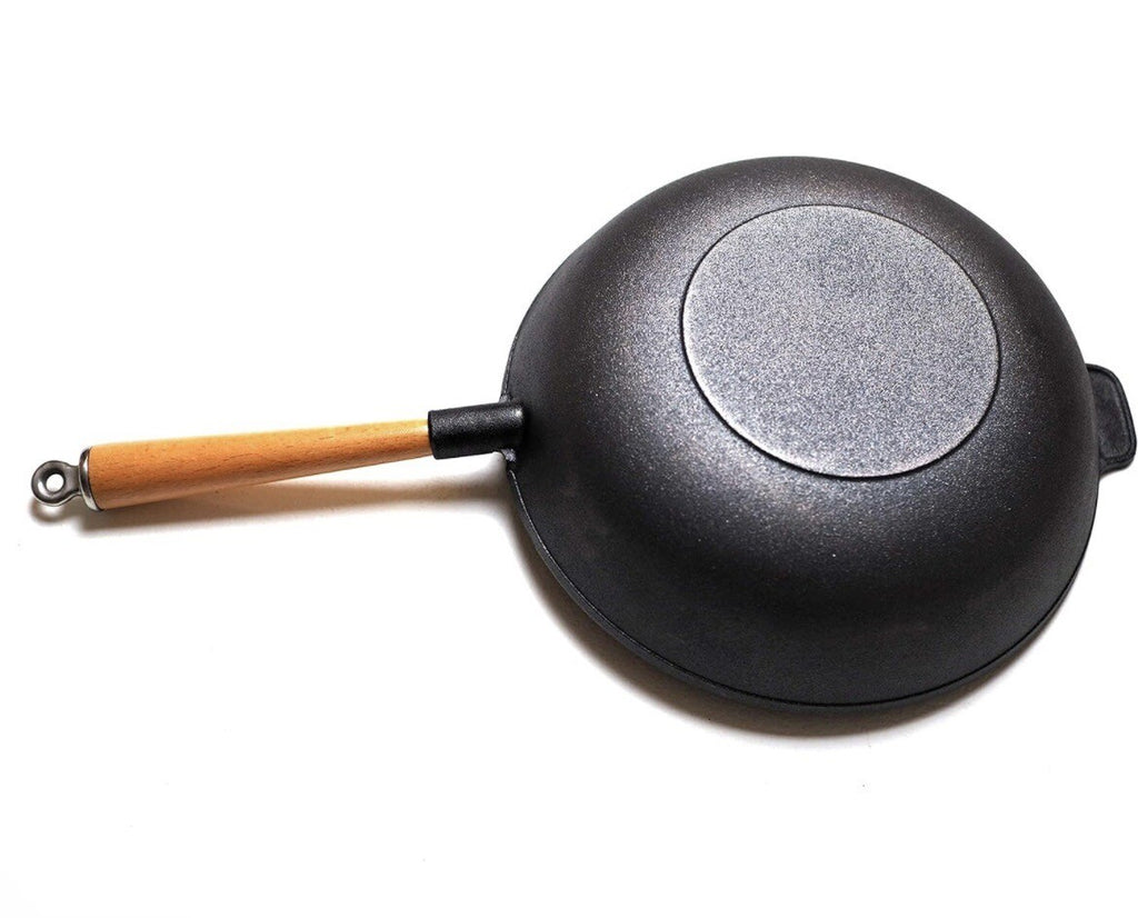 Kasian House Cast Iron Wok with Wooden Handle and Lid, Pre-Seasoned, 12" Dia
