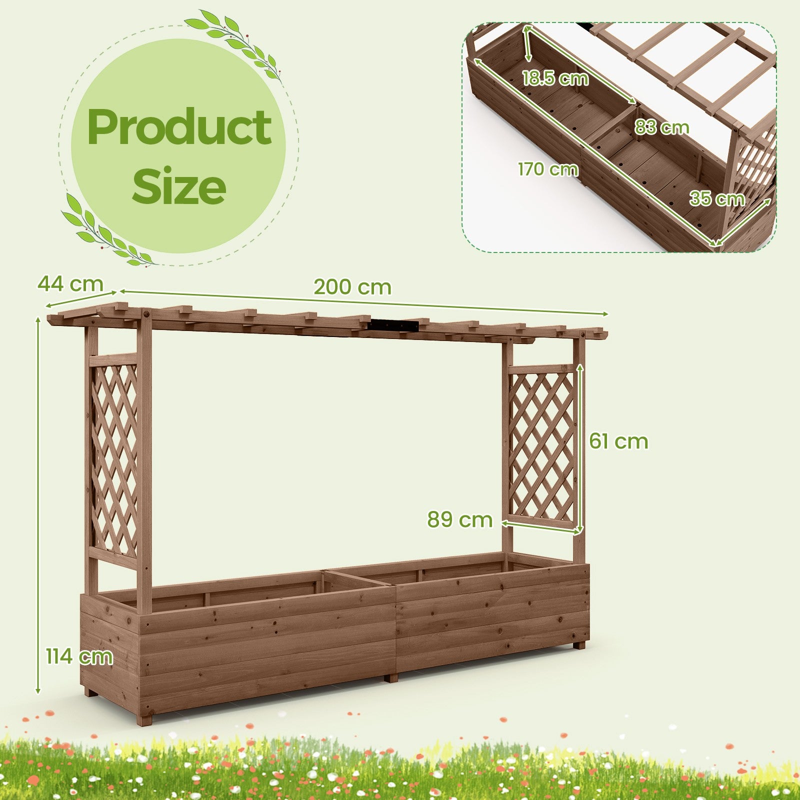 Fir Wood Planter Box with Drainage Holes & Bottom Gaps