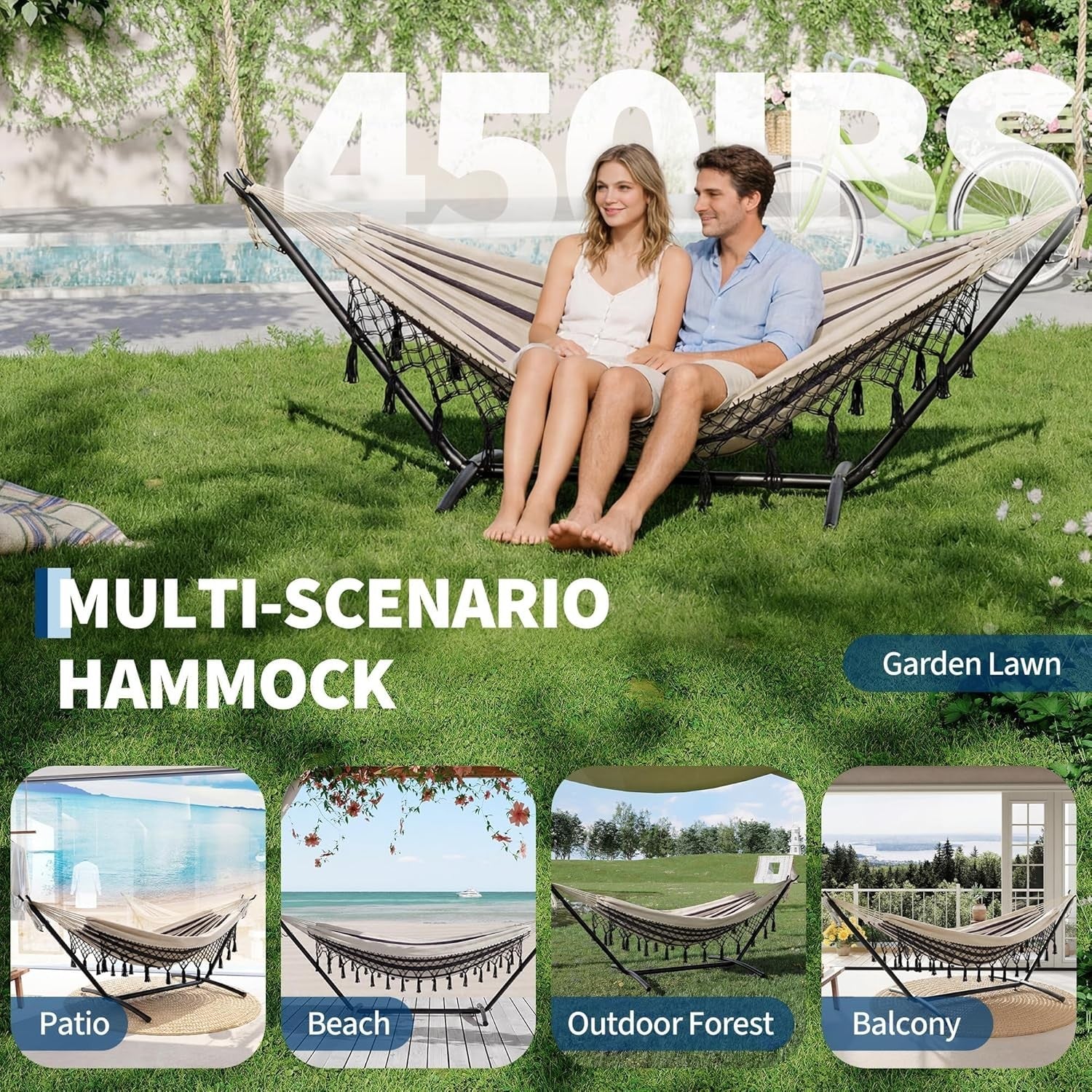 Outdoor Double Hammock with Stand 200x150cm Bohemian Hammock Hanging Chair