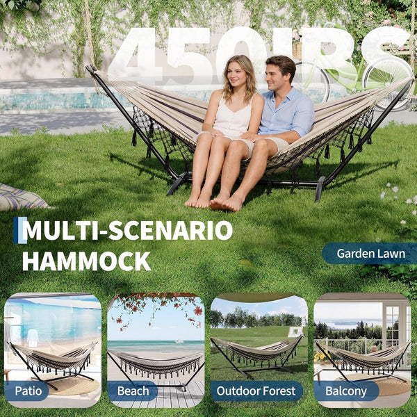 Outdoor Double Hammock with Stand 200x150cm Bohemian Hammock Hanging Chair