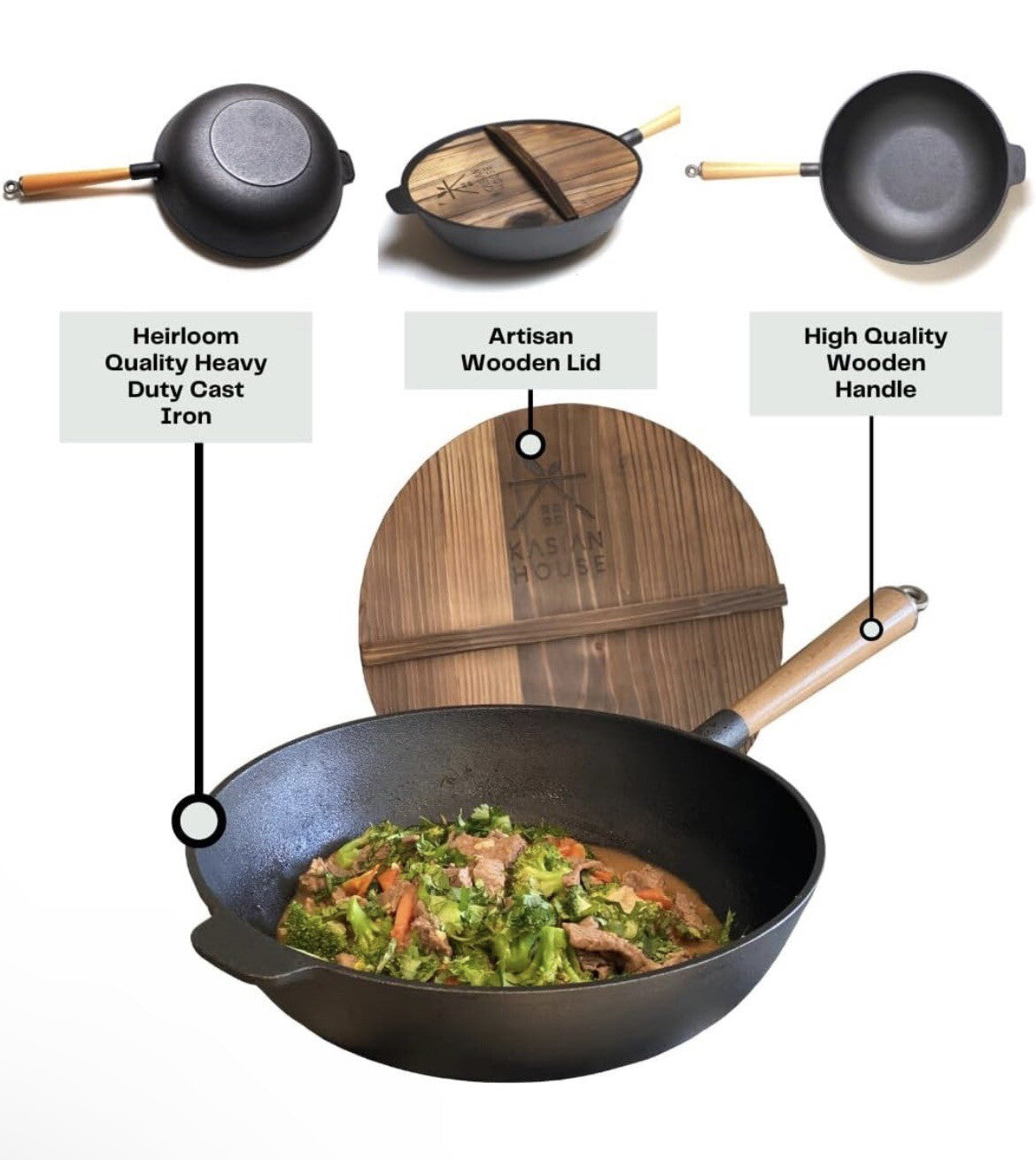 Kasian House Cast Iron Wok with Wooden Handle and Lid, Pre-Seasoned, 12" Dia