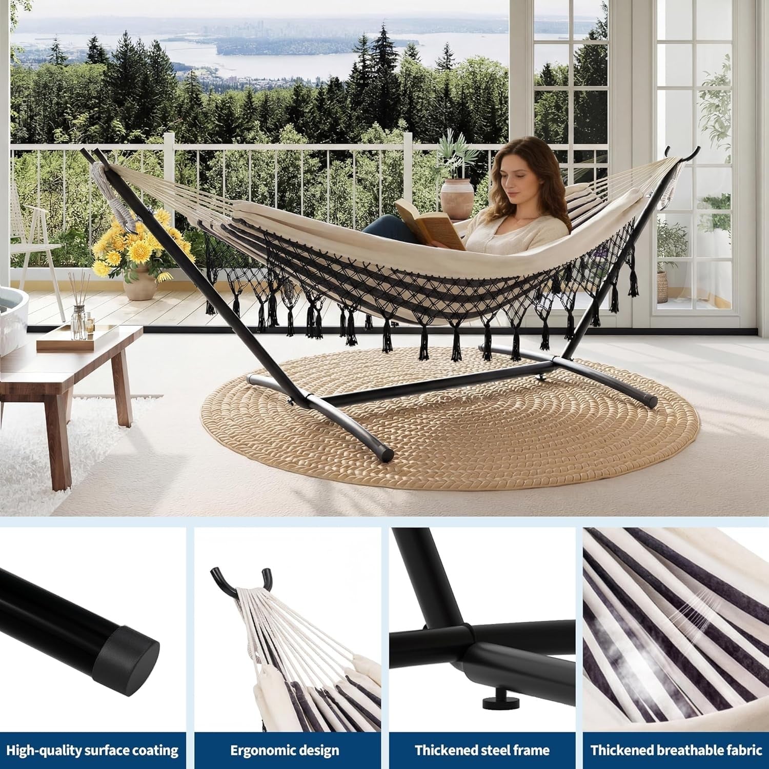 Outdoor Double Hammock with Stand 200x150cm Bohemian Hammock Hanging Chair