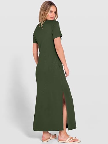 ANRABESS Womens Summer Casual Maxi Dress Short Sleeve Crewneck Split Wrinkle-Free Travel Long Sundress Beach Vacation Clothes