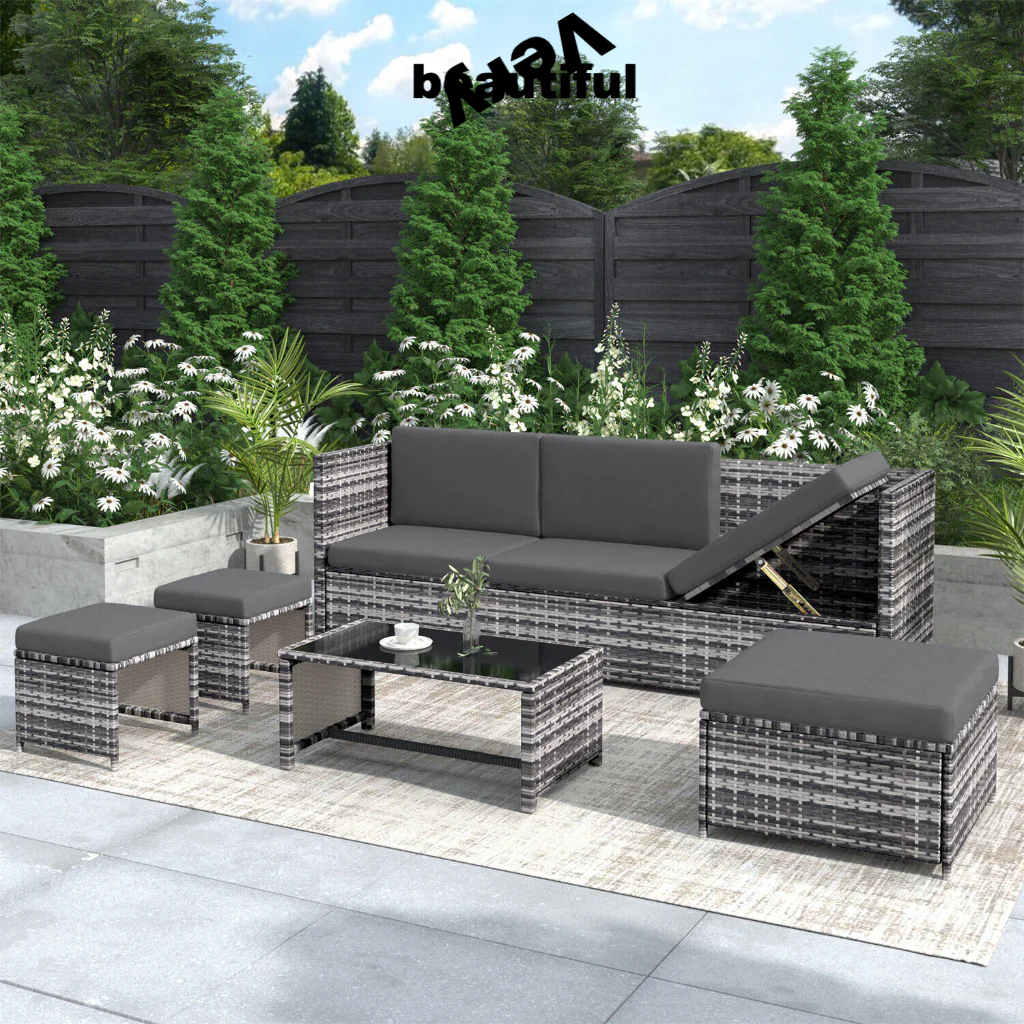 Rattan Garden Furniture Set Sofa Table Recliner Chair Set Patio Outdoor Grey
