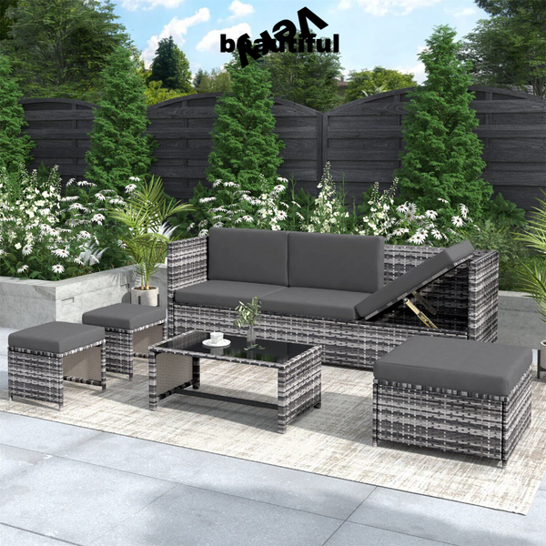 Rattan Garden Furniture Set Sofa Table Recliner Chair Set Patio Outdoor Grey