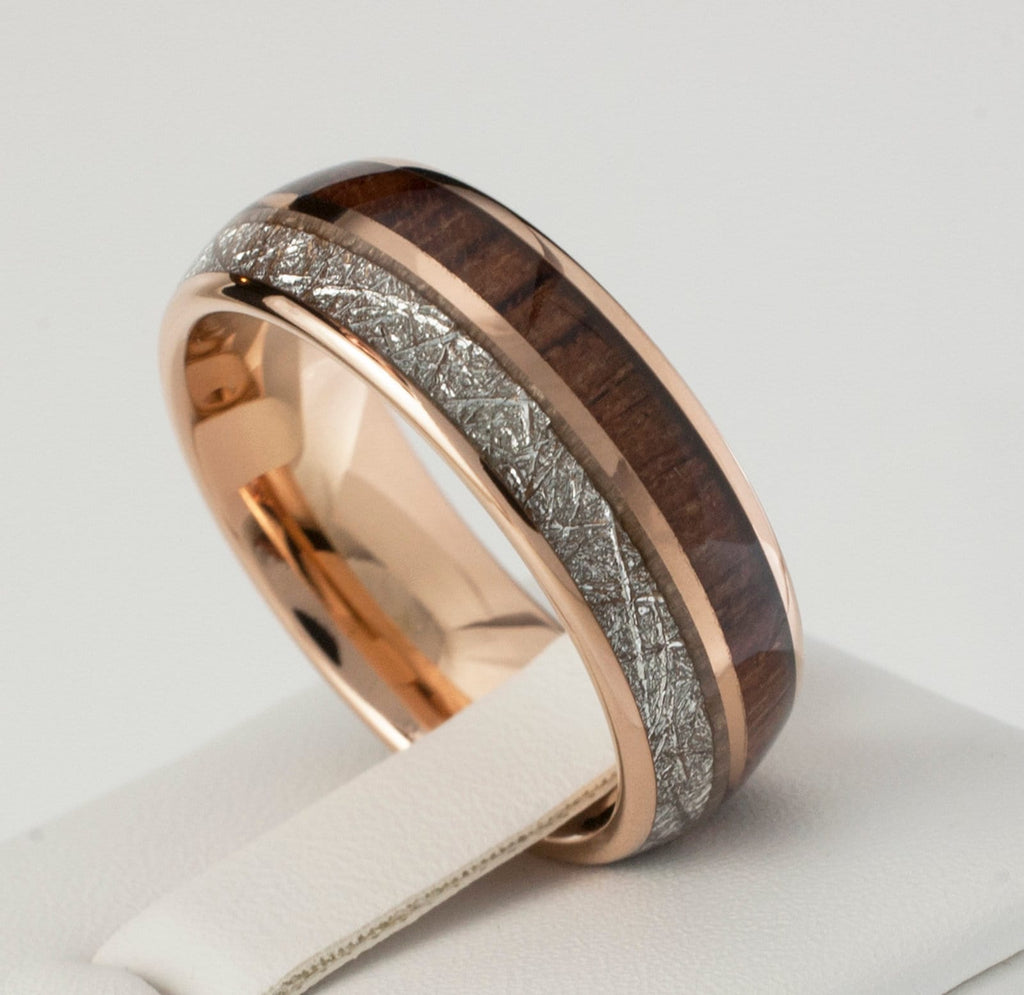 Rose Gold Wood Meteorite Tungsten Ring Male Wedding Band Polished 2-Inlay Domed Design 8MM Size 4 to 15 Mens Anniversary Fathers Day Gift