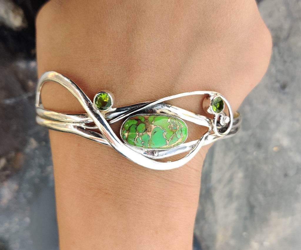 Green Copper Turquoise Bangle, 925 Silver Bangle, Handmade Bangle, Women Bangle, Adjustable Bangle, Everyday Bangle, Silver Bracelet Jewelry