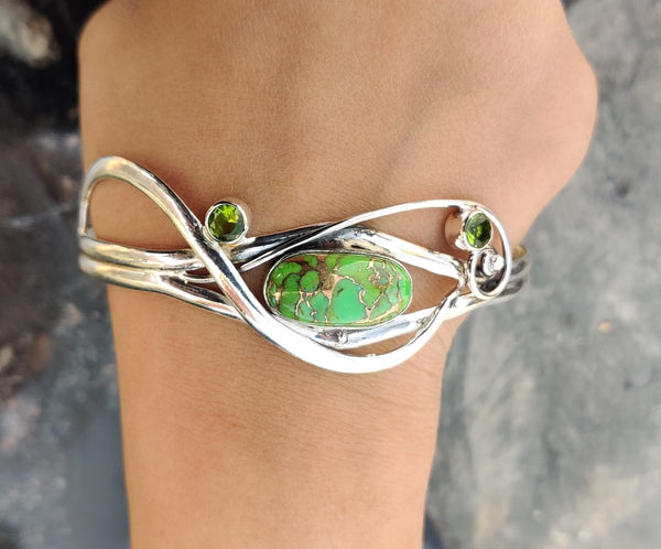Green Copper Turquoise Bangle, 925 Silver Bangle, Handmade Bangle, Women Bangle, Adjustable Bangle, Everyday Bangle, Silver Bracelet Jewelry
