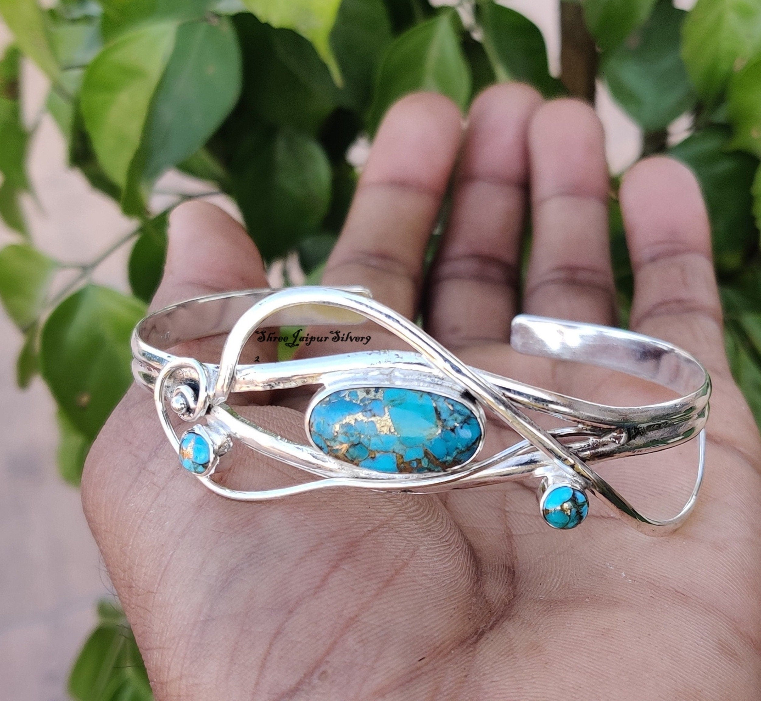 Green Copper Turquoise Bangle, 925 Silver Bangle, Handmade Bangle, Women Bangle, Adjustable Bangle, Everyday Bangle, Silver Bracelet Jewelry