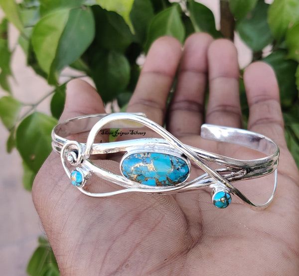 Green Copper Turquoise Bangle, 925 Silver Bangle, Handmade Bangle, Women Bangle, Adjustable Bangle, Everyday Bangle, Silver Bracelet Jewelry