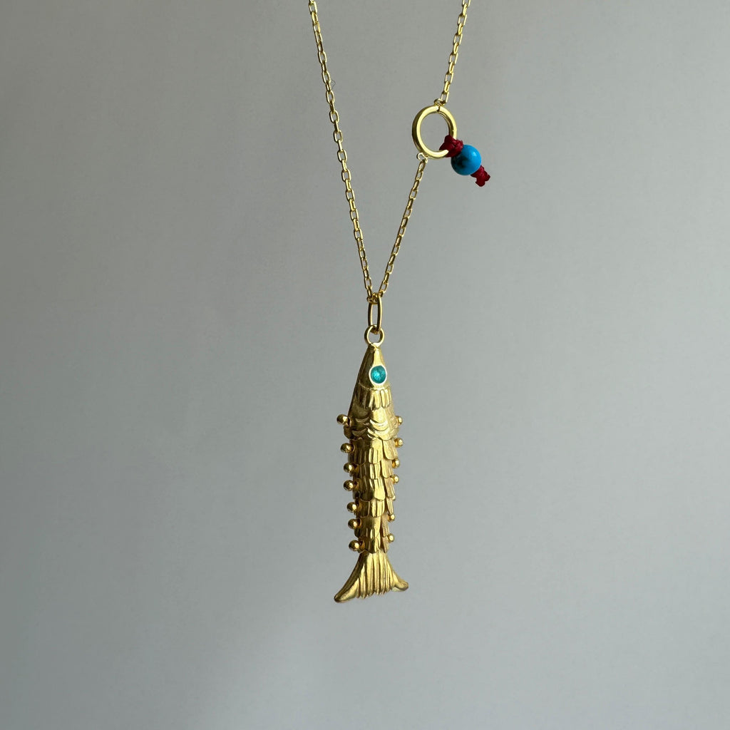 Little Gold Fish with Blue Eyes Necklace, 3D Fish Charm, 925 Sterling Silver Pisces Charm, Articulated Fish Necklace, Gift for Fish Lover