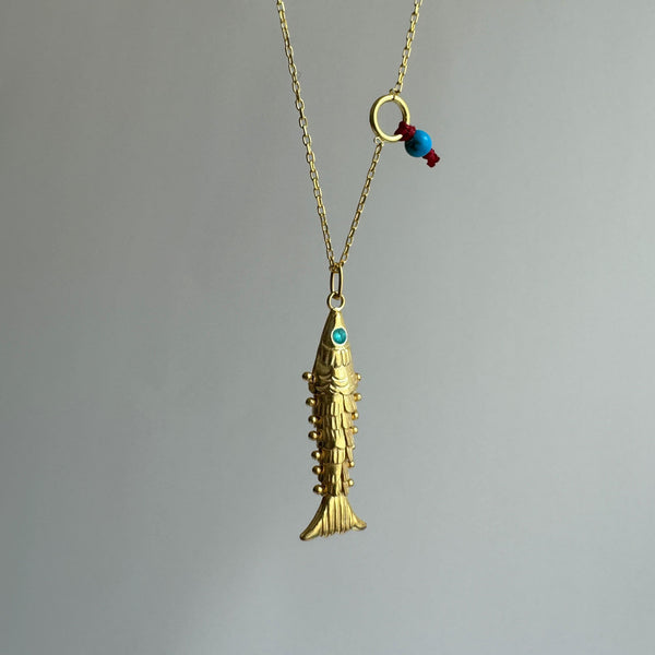 Little Gold Fish with Blue Eyes Necklace, 3D Fish Charm, 925 Sterling Silver Pisces Charm, Articulated Fish Necklace, Gift for Fish Lover