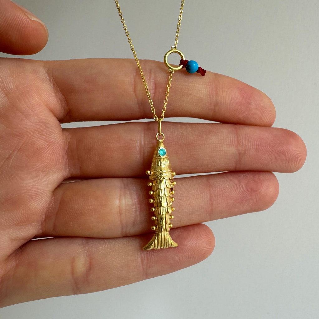 Little Gold Fish with Blue Eyes Necklace, 3D Fish Charm, 925 Sterling Silver Pisces Charm, Articulated Fish Necklace, Gift for Fish Lover