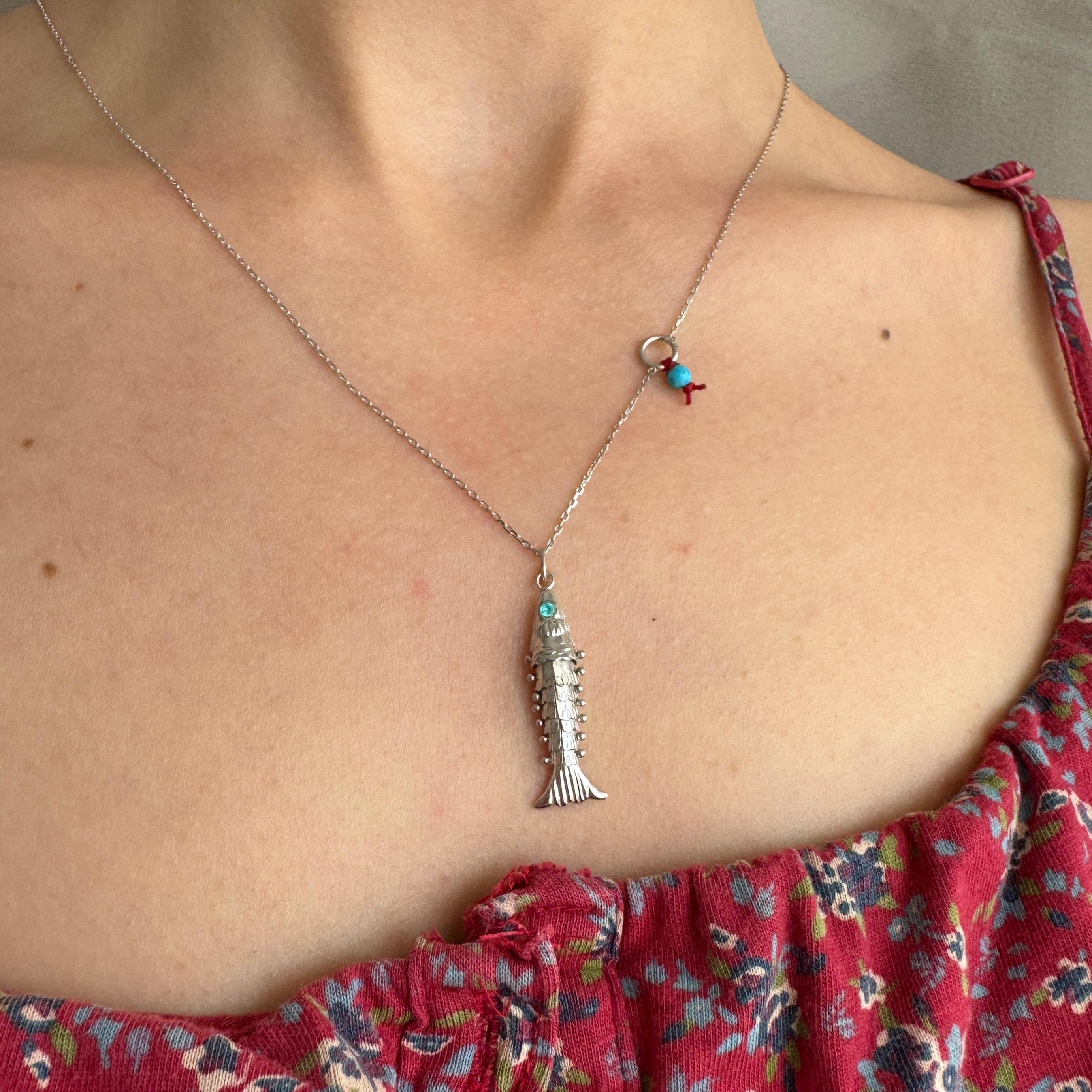 Little Gold Fish with Blue Eyes Necklace, 3D Fish Charm, 925 Sterling Silver Pisces Charm, Articulated Fish Necklace, Gift for Fish Lover