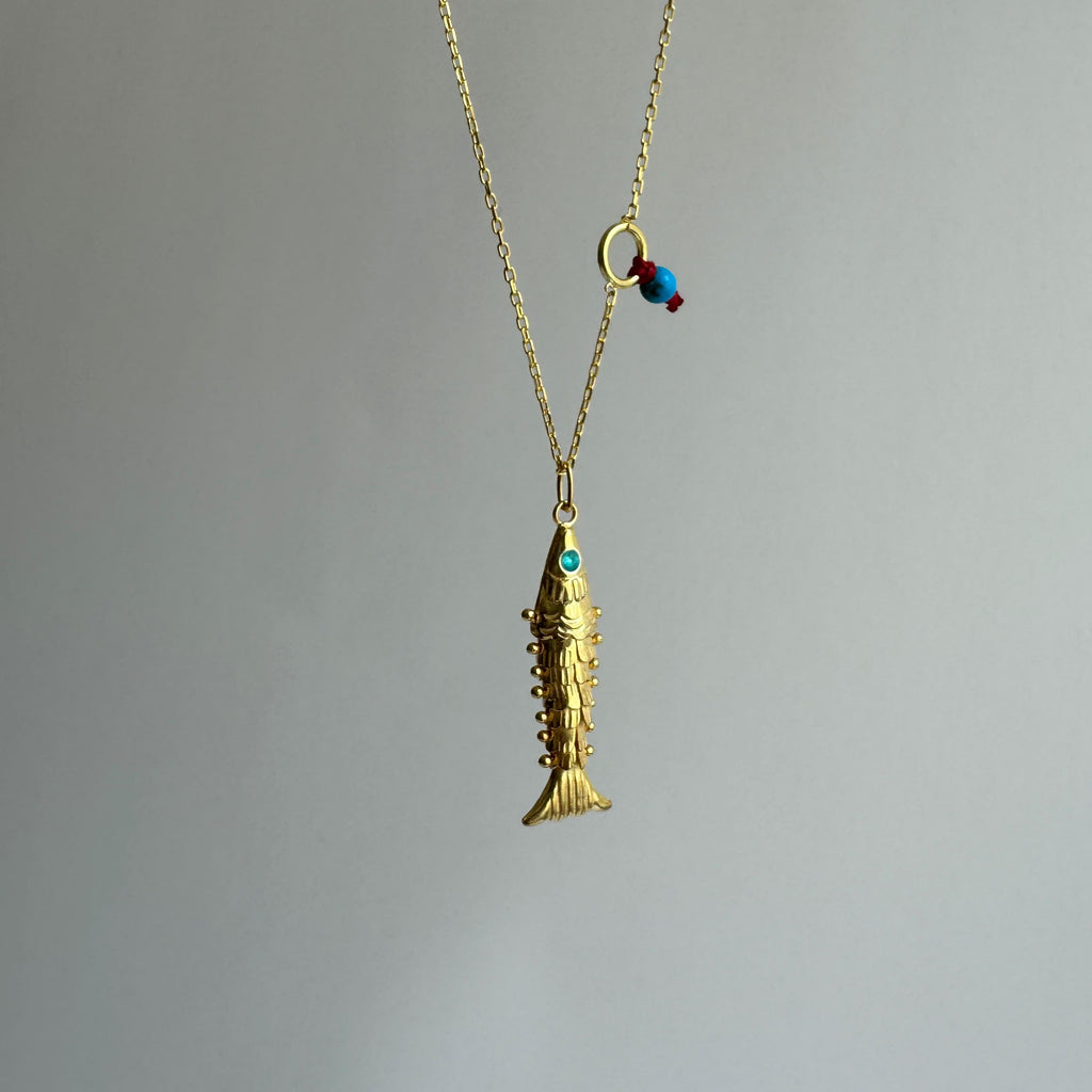 Little Gold Fish with Blue Eyes Necklace, 3D Fish Charm, 925 Sterling Silver Pisces Charm, Articulated Fish Necklace, Gift for Fish Lover