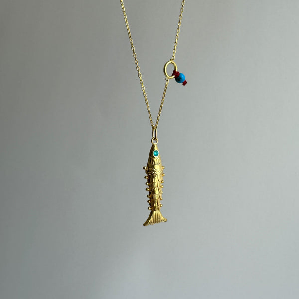 Little Gold Fish with Blue Eyes Necklace, 3D Fish Charm, 925 Sterling Silver Pisces Charm, Articulated Fish Necklace, Gift for Fish Lover