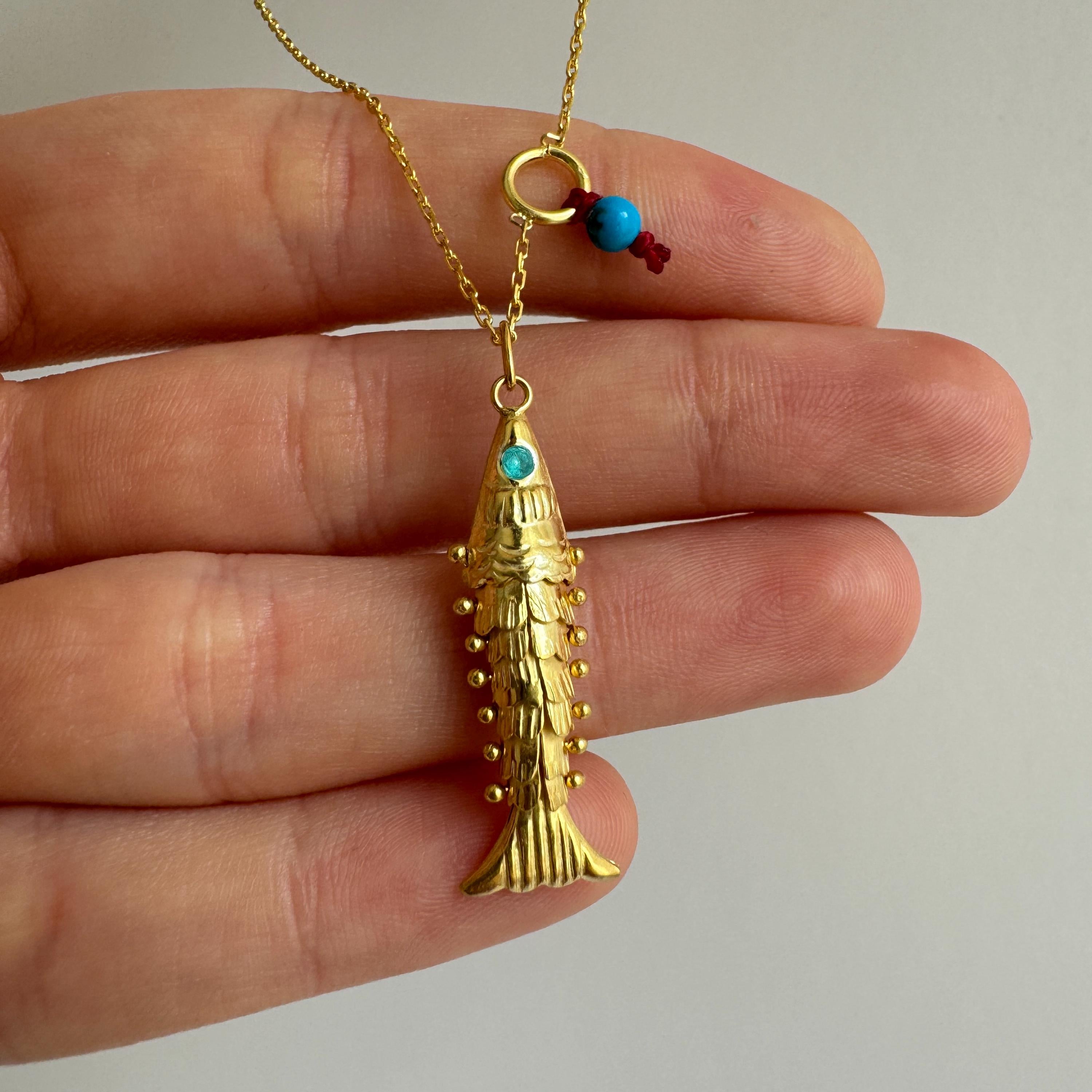 Little Gold Fish with Blue Eyes Necklace, 3D Fish Charm, 925 Sterling Silver Pisces Charm, Articulated Fish Necklace, Gift for Fish Lover