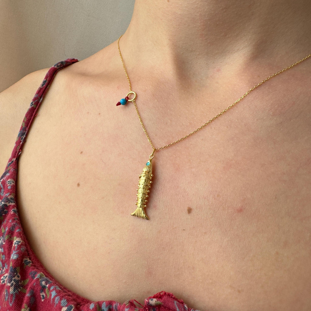 Little Gold Fish with Blue Eyes Necklace, 3D Fish Charm, 925 Sterling Silver Pisces Charm, Articulated Fish Necklace, Gift for Fish Lover