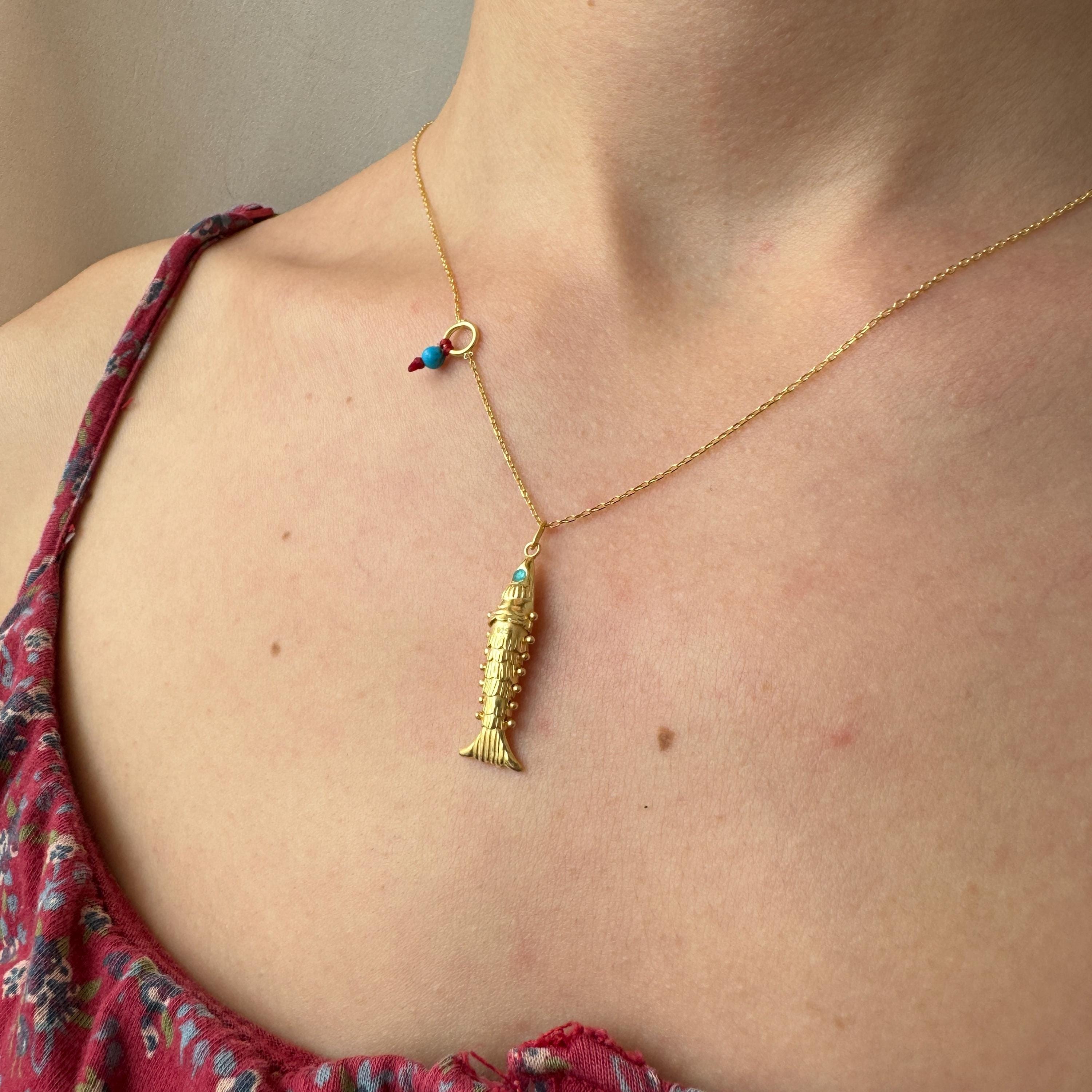 Little Gold Fish with Blue Eyes Necklace, 3D Fish Charm, 925 Sterling Silver Pisces Charm, Articulated Fish Necklace, Gift for Fish Lover